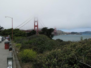 The Golden Gate Bridge, with fog.
